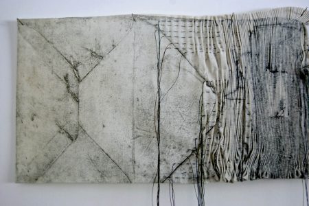 Latitude - Collagraph on cotton, pleated and stitched